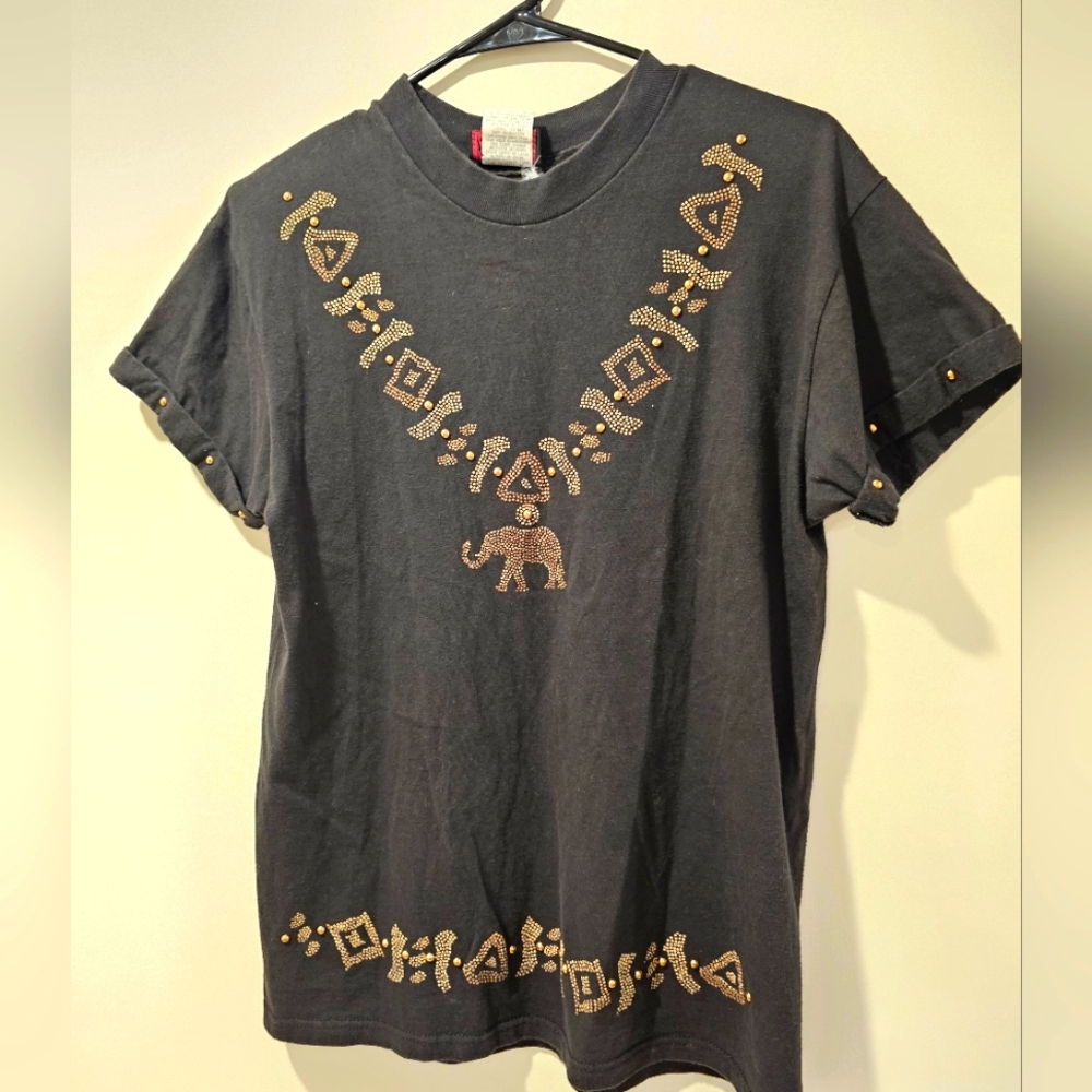 P.G.B. Black Embellished Vintage Tshirt Size Small Gold Detailing